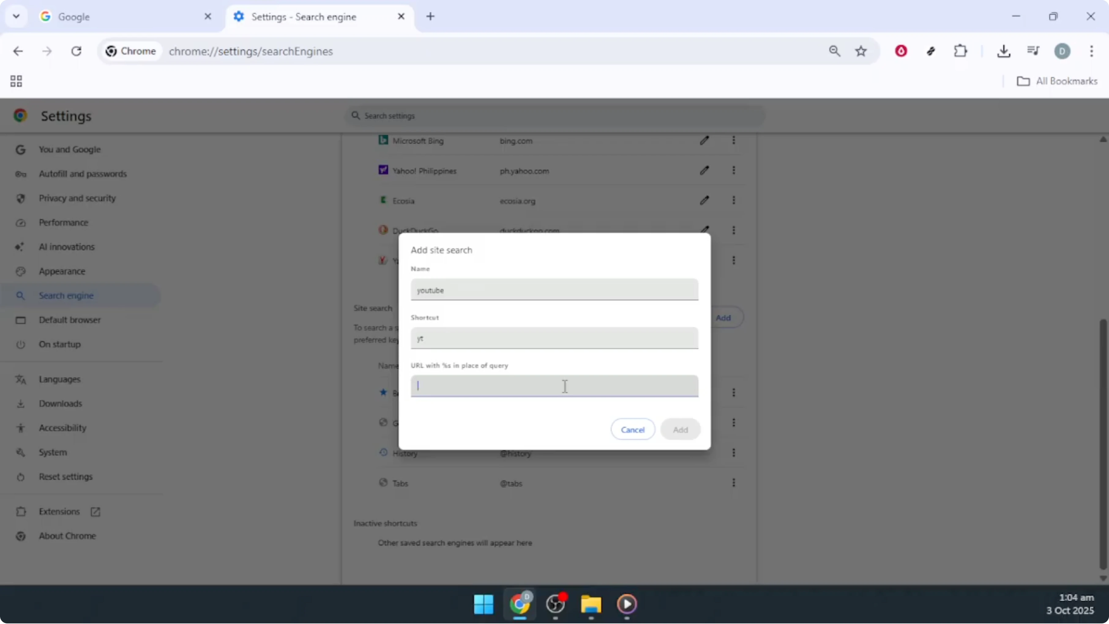 Screenshot from How To Add Custom Search Engine in Google Chrome [2026 Guide] at 110s