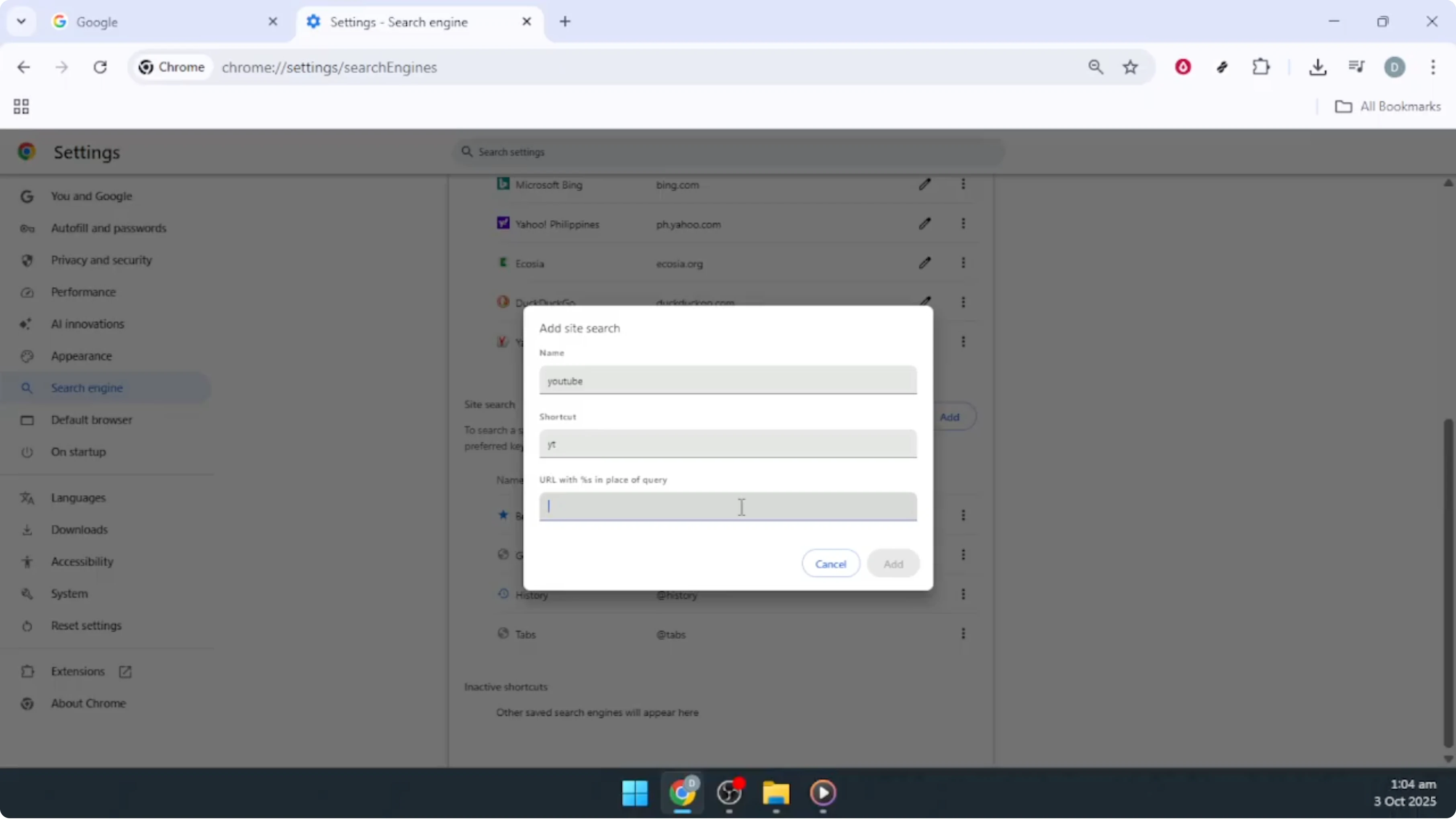 Screenshot from How To Add Custom Search Engine in Google Chrome [2026 Guide] at 114s