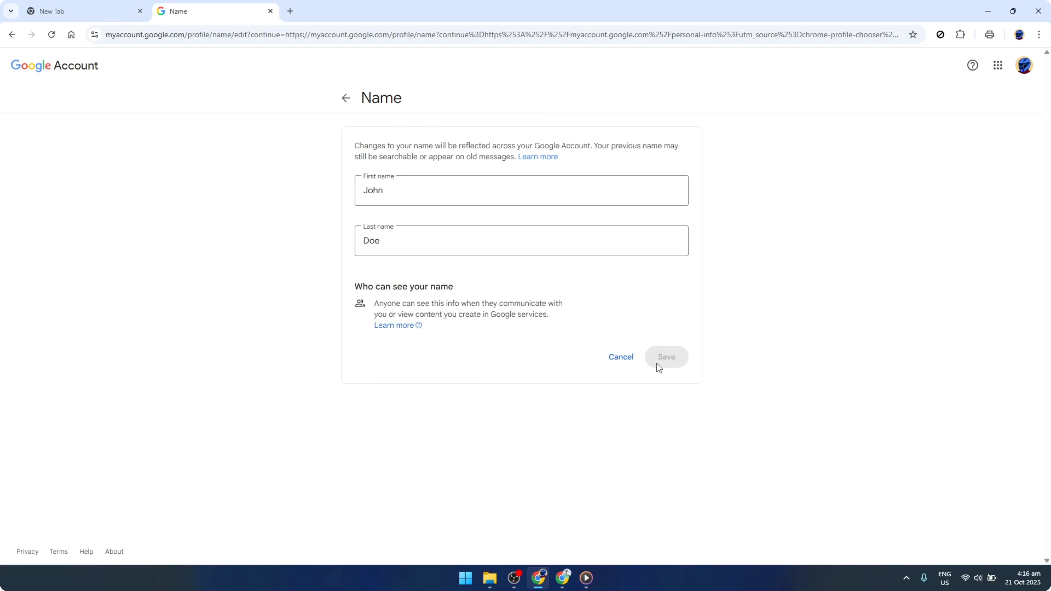 Screenshot from How To Change Your Name and Profile Picture on Google Chrome [2026 Guide] at 119s