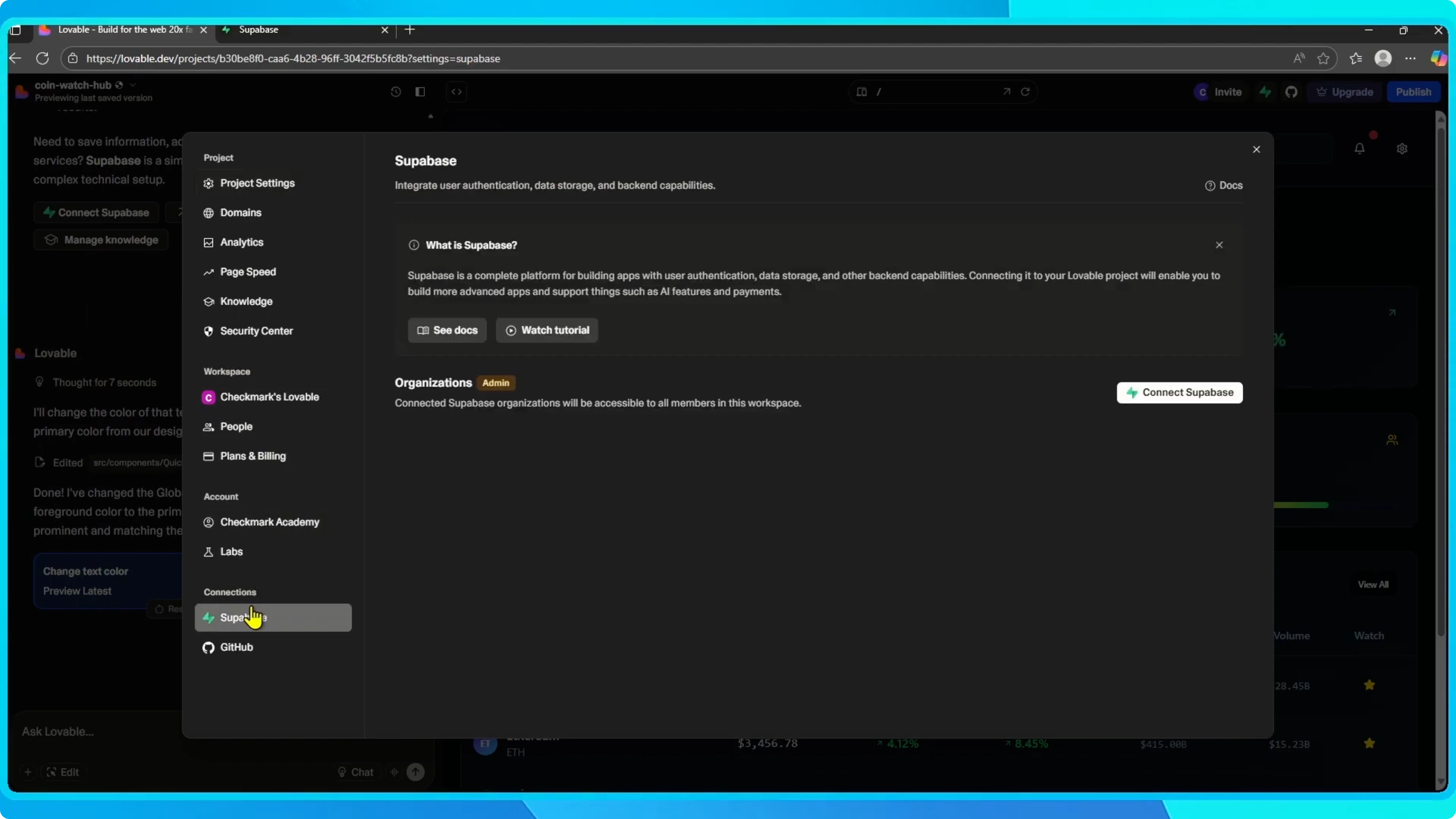 Screenshot from How to Connect Lovable with Supabase? at 21s