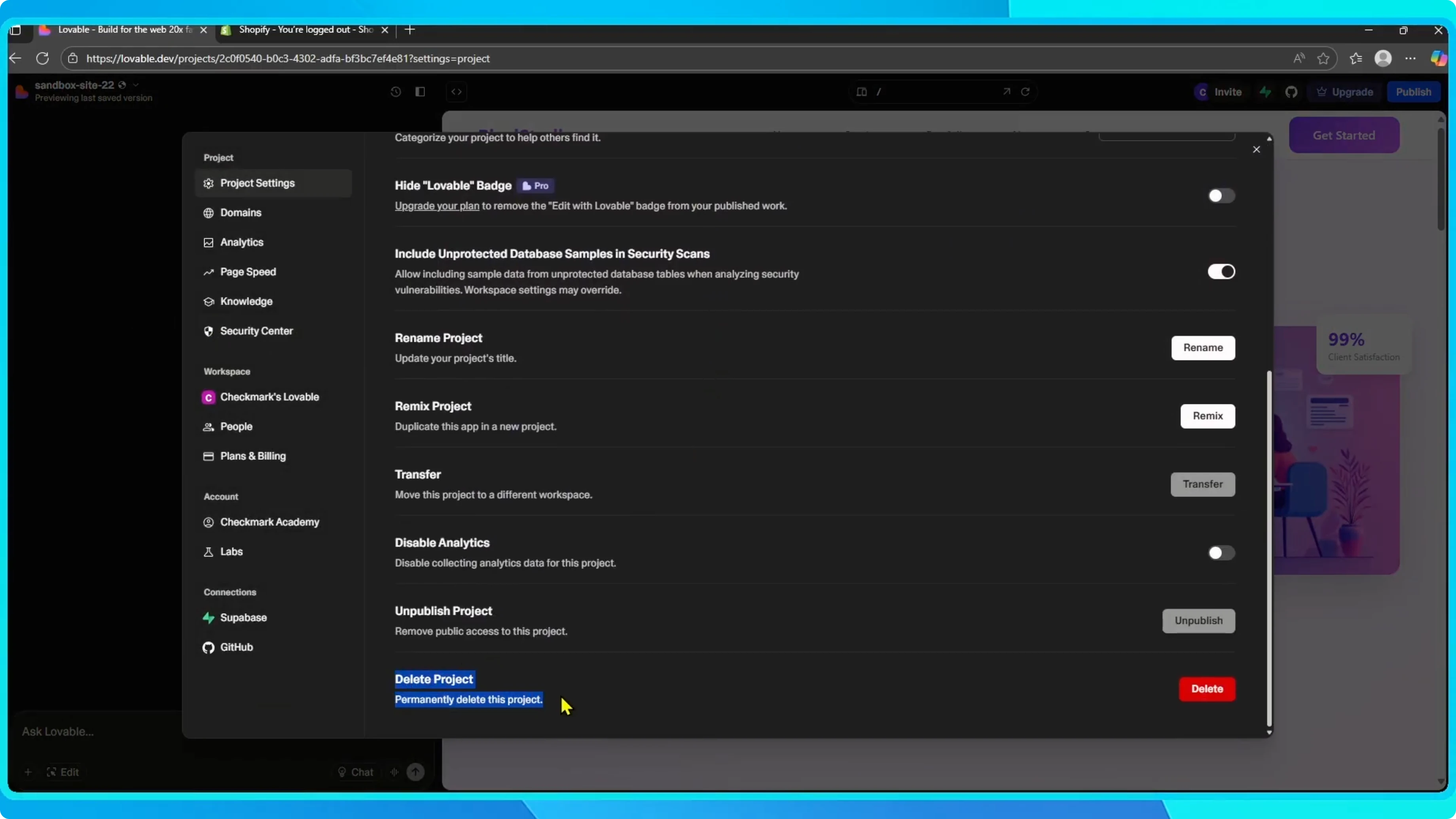 Screenshot from How to Delete a Project in Lovable? at 21s