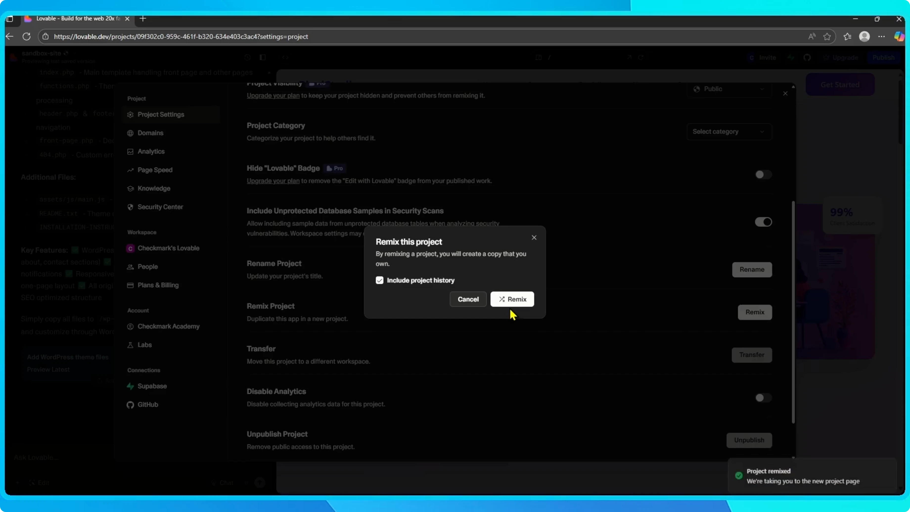 Screenshot from How to Duplicate or Remix a Project in Lovable? at 55s