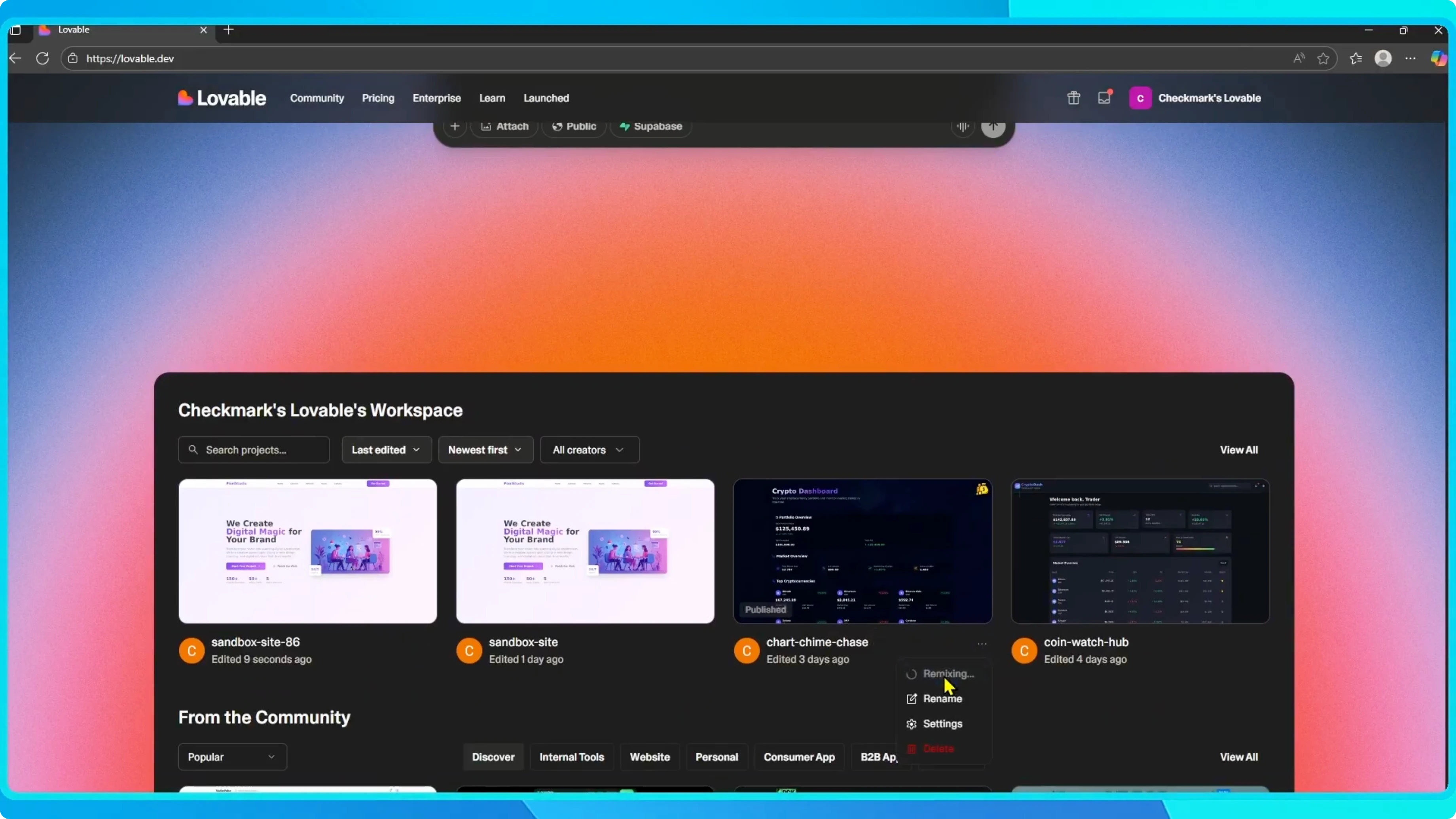 Screenshot from How to Duplicate or Remix a Project in Lovable? at 65s