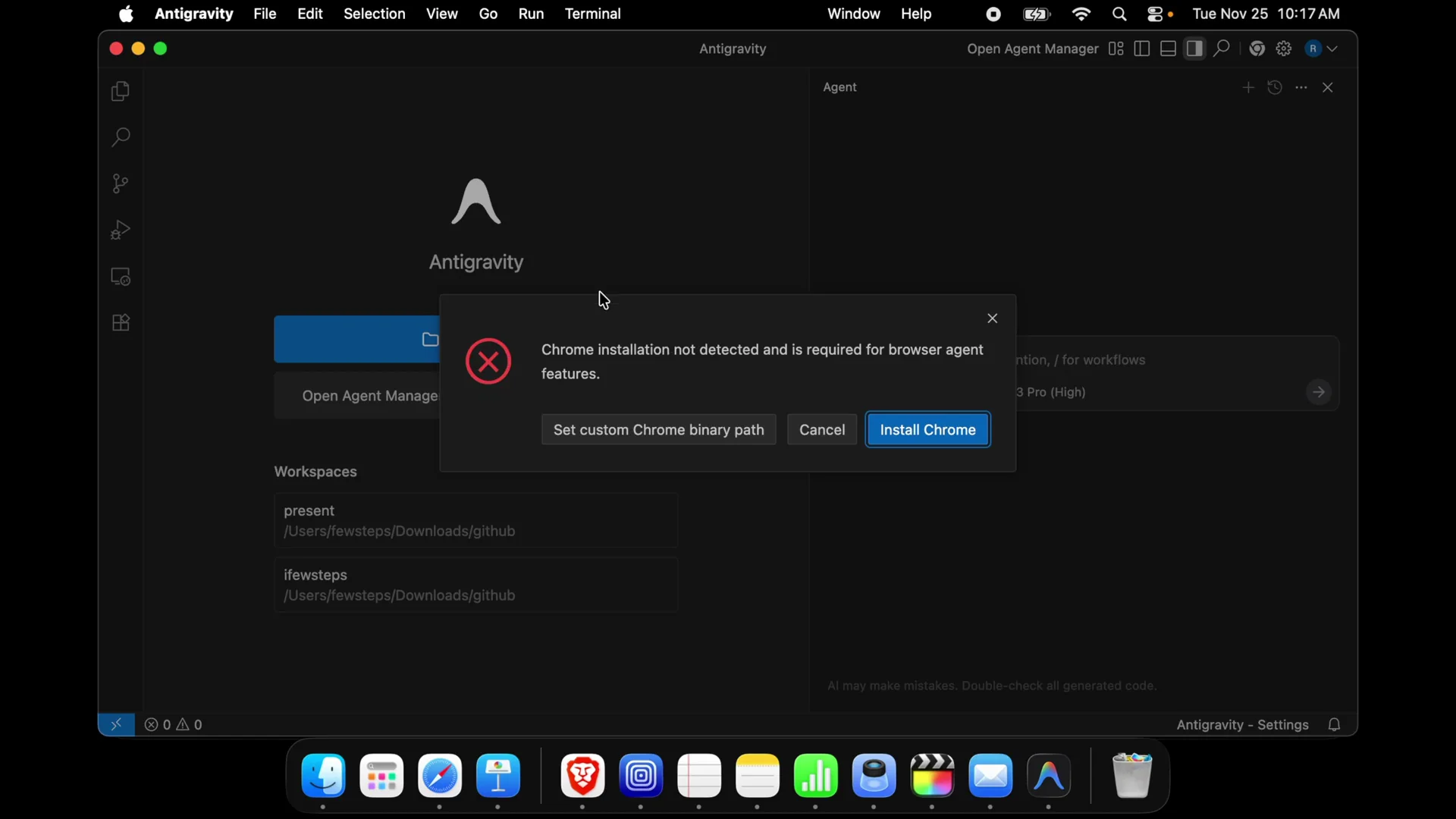 Fix the "Chrome Not Detected" Error in Google Antigravity on Mac screenshot 3