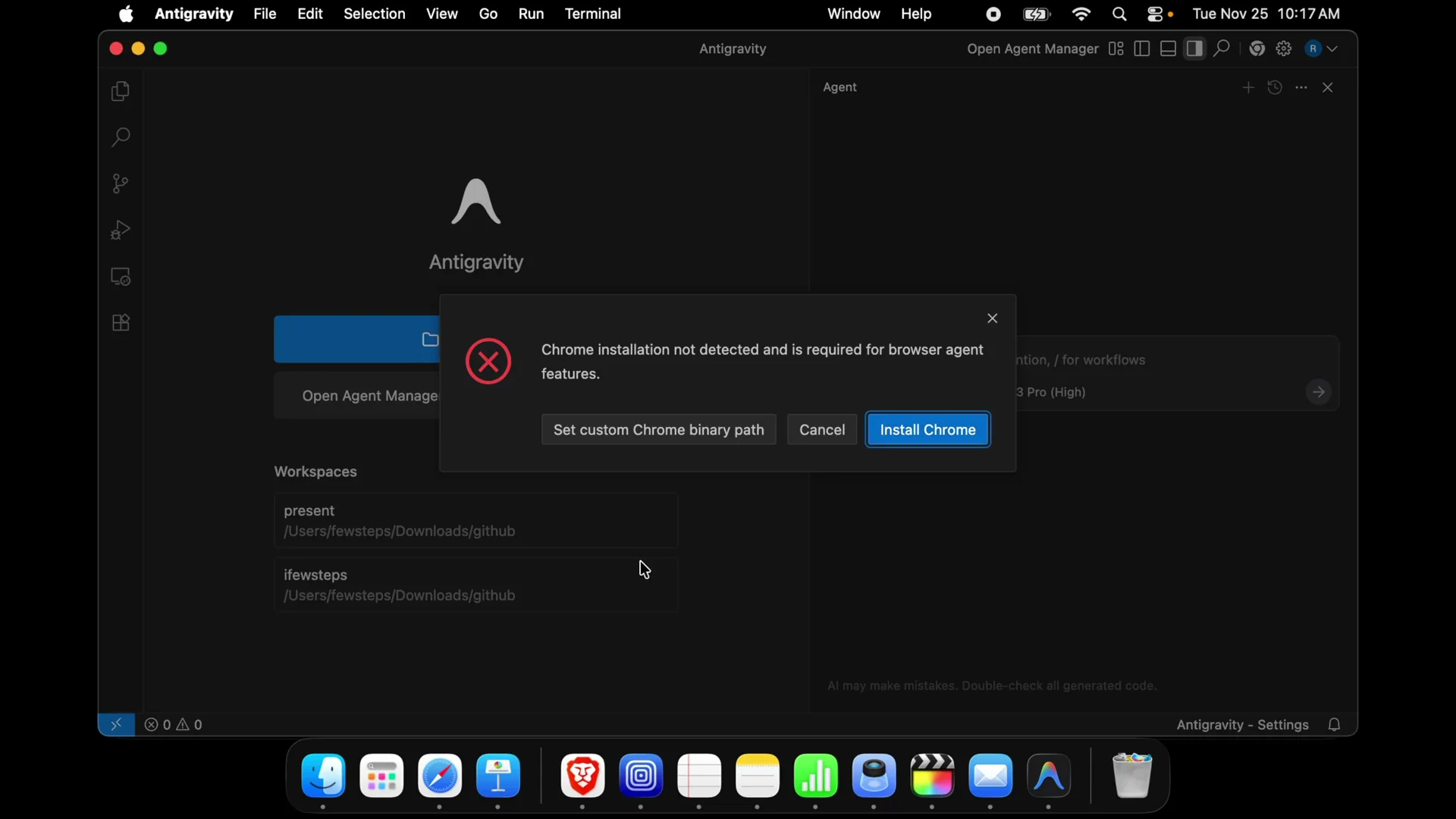 Fix the "Chrome Not Detected" Error in Google Antigravity on Mac screenshot 5