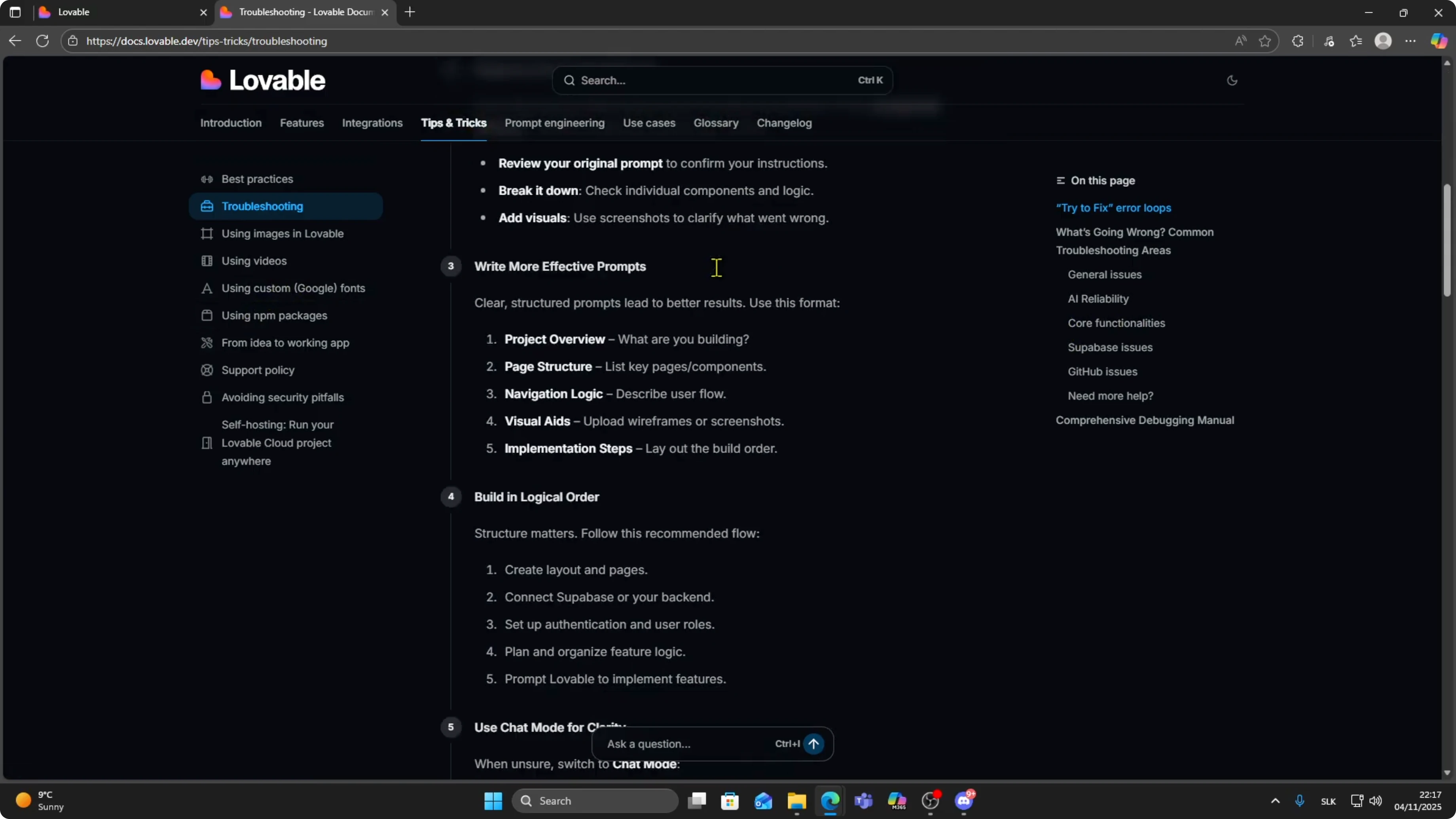 Screenshot from How To Fix Errors in Lovable AI | Support, Docs & Troubleshooting Guide at 62s