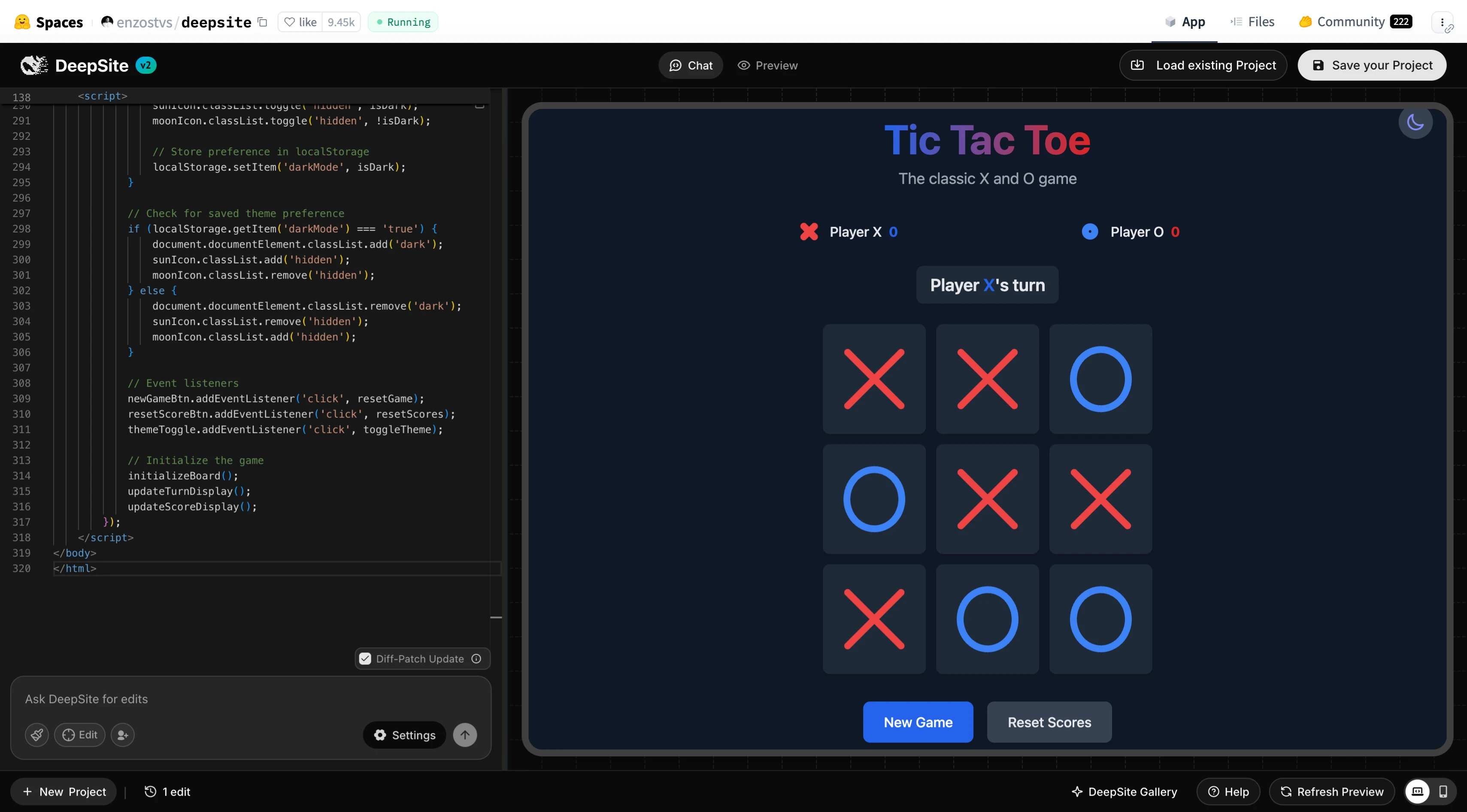 DeepSite V2 Tic-Tac-Toe Game Demo